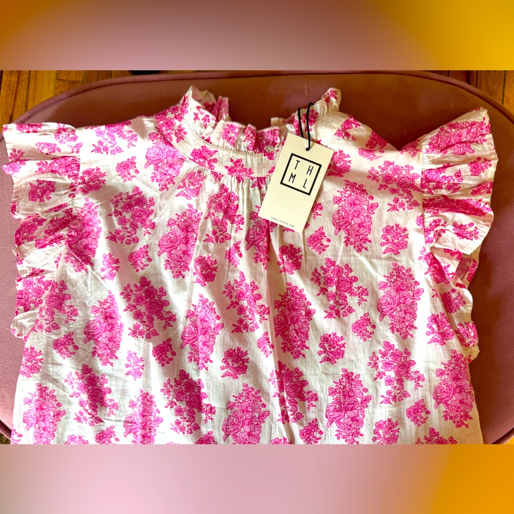 THML Sofia Ruffle Sleeve Top 0ink/white floral size M NWT